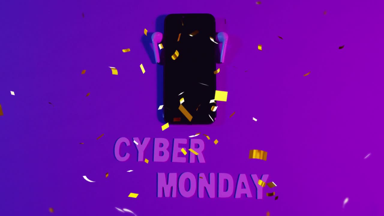 Animation of confetti falling over cyber monday text, smartphone and earphones on purple background