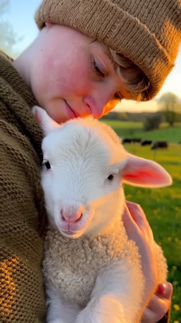 Video in primo piano di una persona che tiene delicatamente in braccio un agnello, mostrando calore e tenerezza.