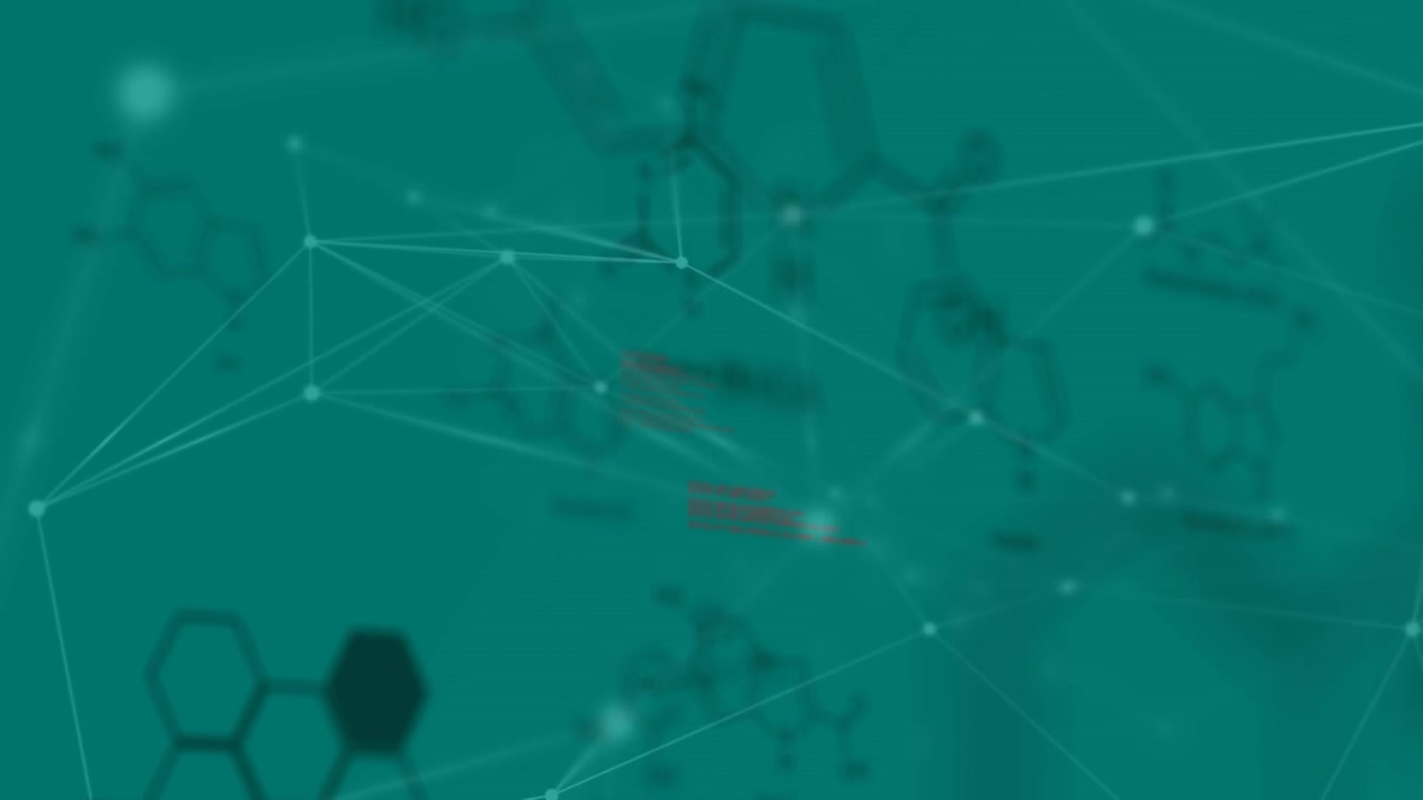 Digital animation of network of connections and chemical structures floating against blue background