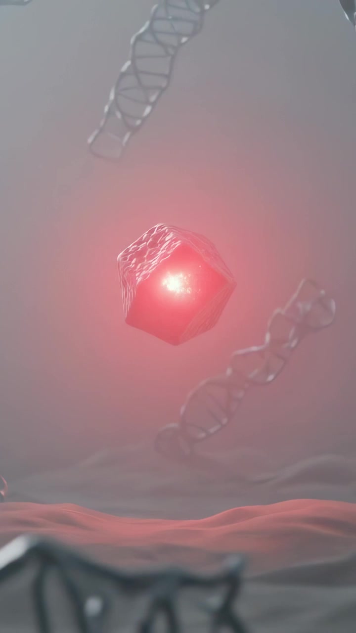 Video verticale: Poliedro sfaccettato che emerge e ruota sopra un tessuto, esponendo il nucleo e disegnando eliche.