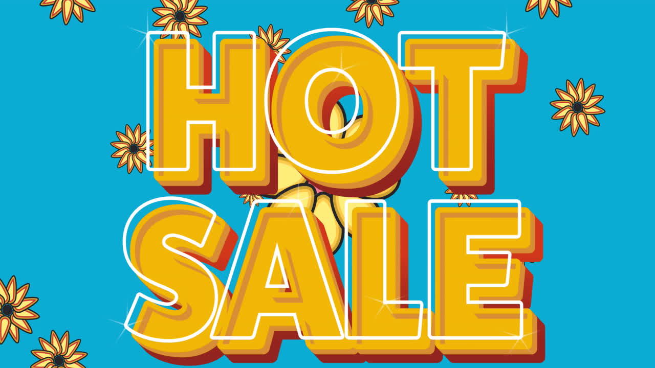 animación de texto de neón de venta en caliente sobre flores en el fondo