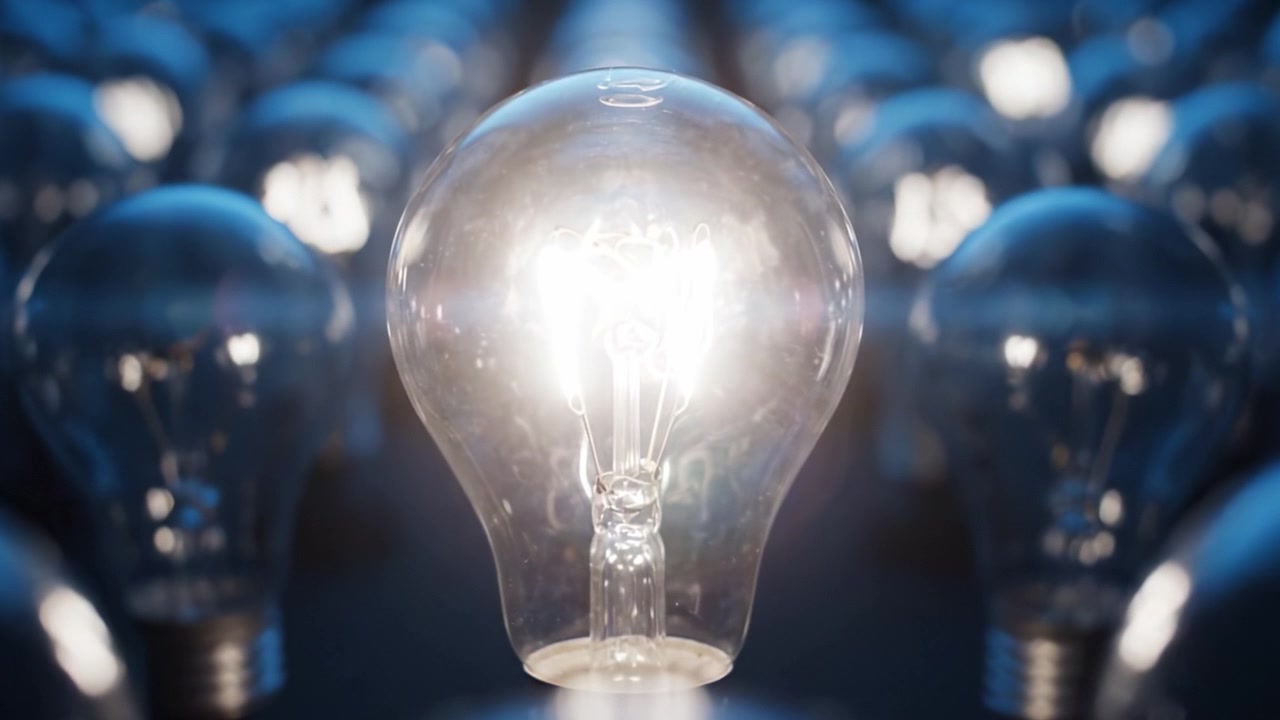 En fascinerende udstilling af elektriske pærer oplyst mod en baggrund af dæmpet oplyste glaspærer, der fremviser innovationens glans inden for moderne belysningsteknologi