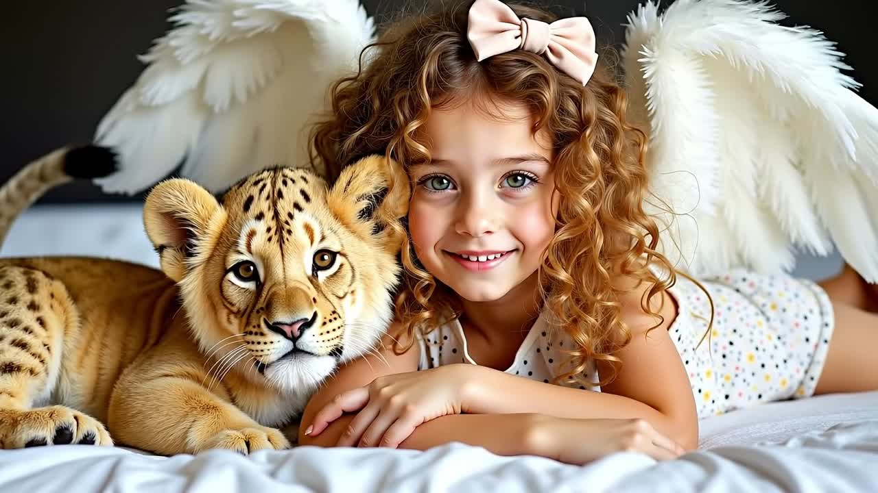 Leopar ve melek kanatlarıyla bir yatakta yatan küçük bir kız