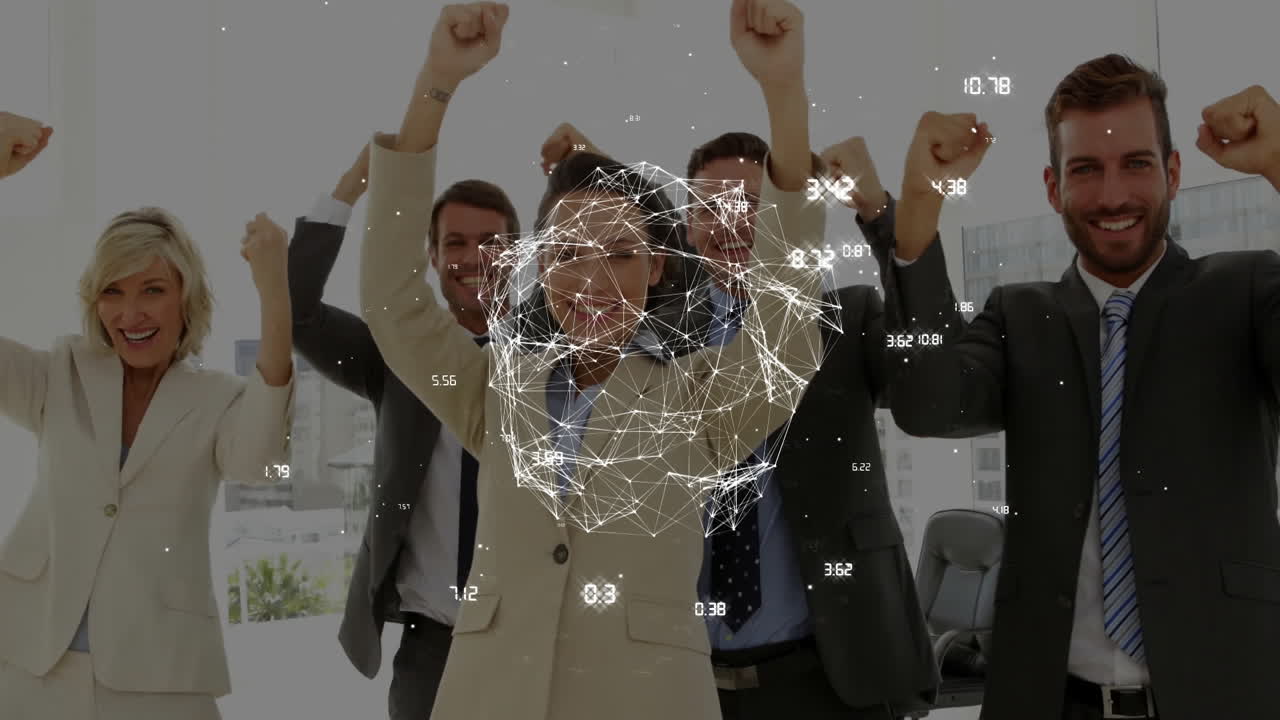네트워크 연결 및 데이터 포인트 애니메이션으로 비즈니스 팀을 축하합니다.