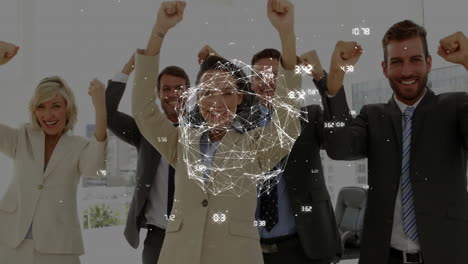 celebrar el equipo de negocios con conexiones de red y animación de puntos de datos
