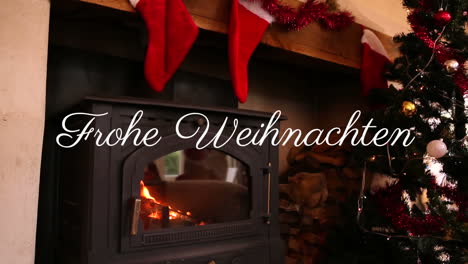 frohe weihnachten written over fireplace at christmas time