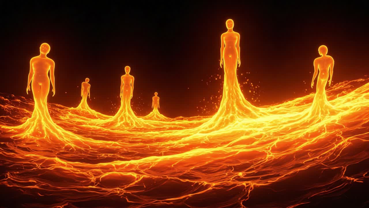 A mesmerizing scene depicting ethereal figures emerging from flowing lava, radiating heat and energy, creating a stunning contrast against a dark backdrop that captivates the viewer