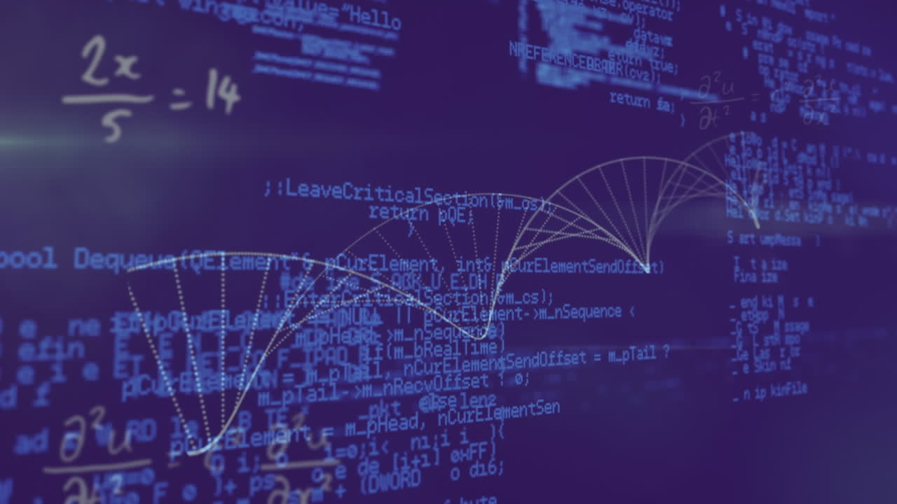 Animation of processing blue data and equations with dna helix rotating on blue screen