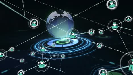 network of profile icons against spinning globe over round scanner on black background