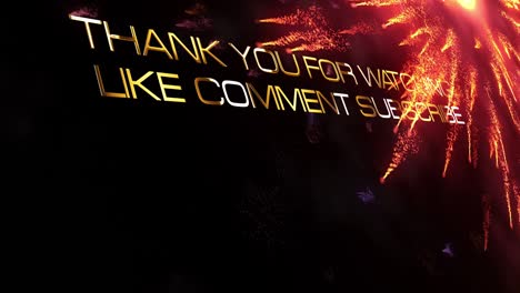 thank you for watching like comment subscribe gold text greetings banner with sparkles glitter fireworks looped background. 4k 3d seamless loop  thank you for watching for holiday festival outro.