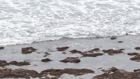 las olas del océano golpean las rocas en una playa de arena