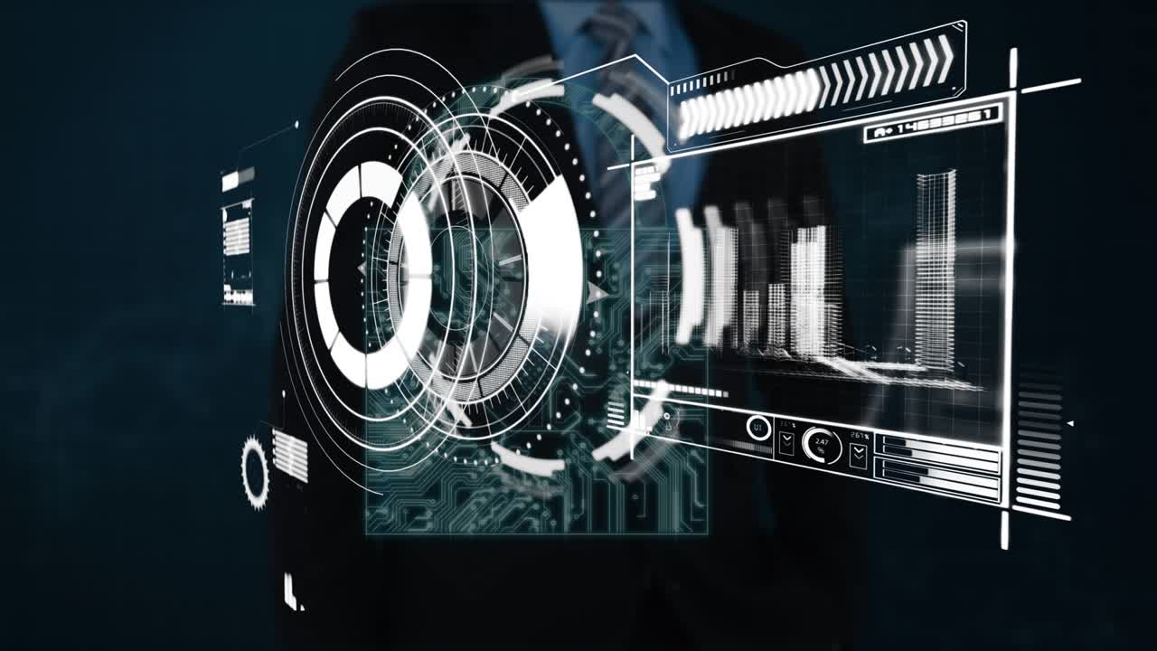 Animation of data processing and scope scanning over caucasian businessman