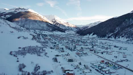 Drone-aerial-view-showing-all-of-Silverton,-Colorado-in-the-winter