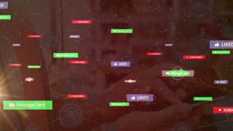animación de la red de conexiones con iconos sobre la persona que utiliza el teléfono inteligente