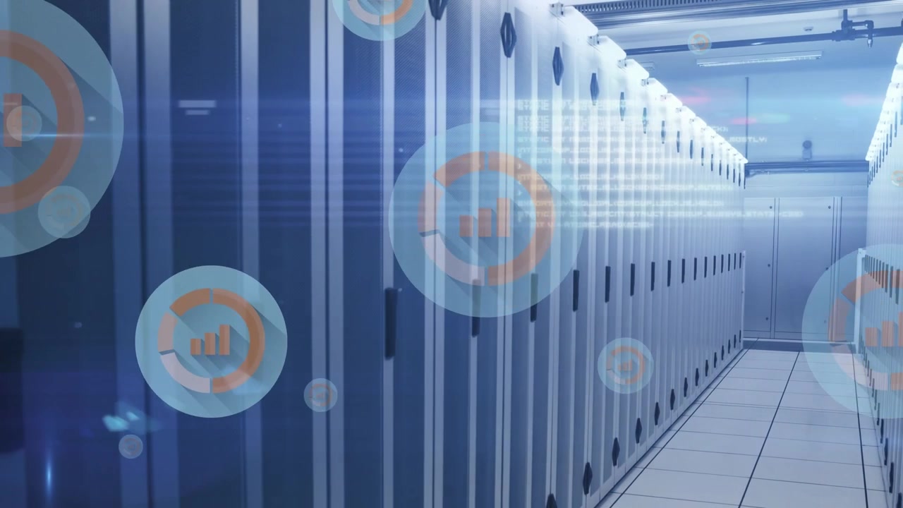 Data Center Server Room with Digital Analytics Overlay