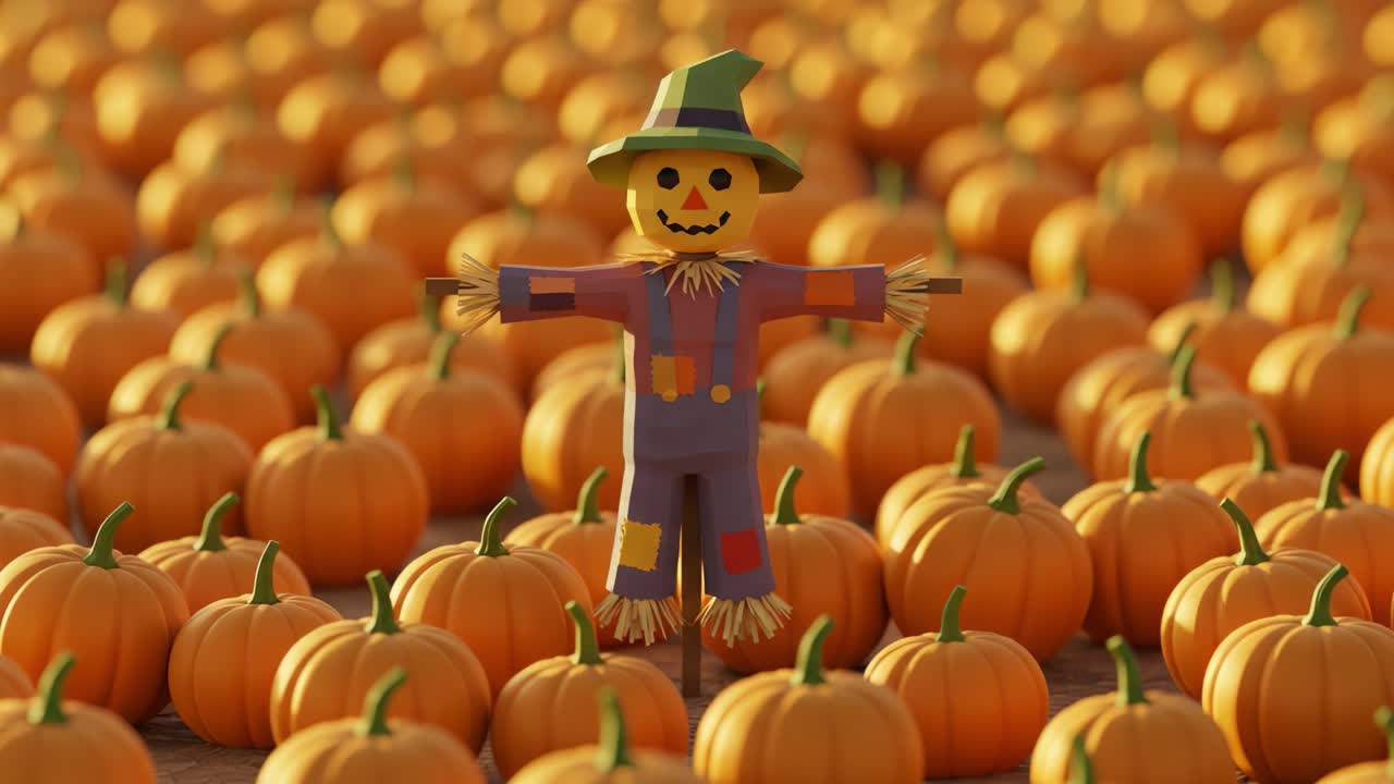 A Vibrant Scarecrow Surrounded by a Sea of Pumpkins, Capturing the Essence of Autumn and Harvest Season in a Bountiful Display of Orange and Yellow Colors