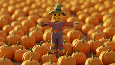 a vibrant scarecrow surrounded by a sea of pumpkins, capturing the essence of autumn and harvest season in a bountiful display of orange and yellow colors