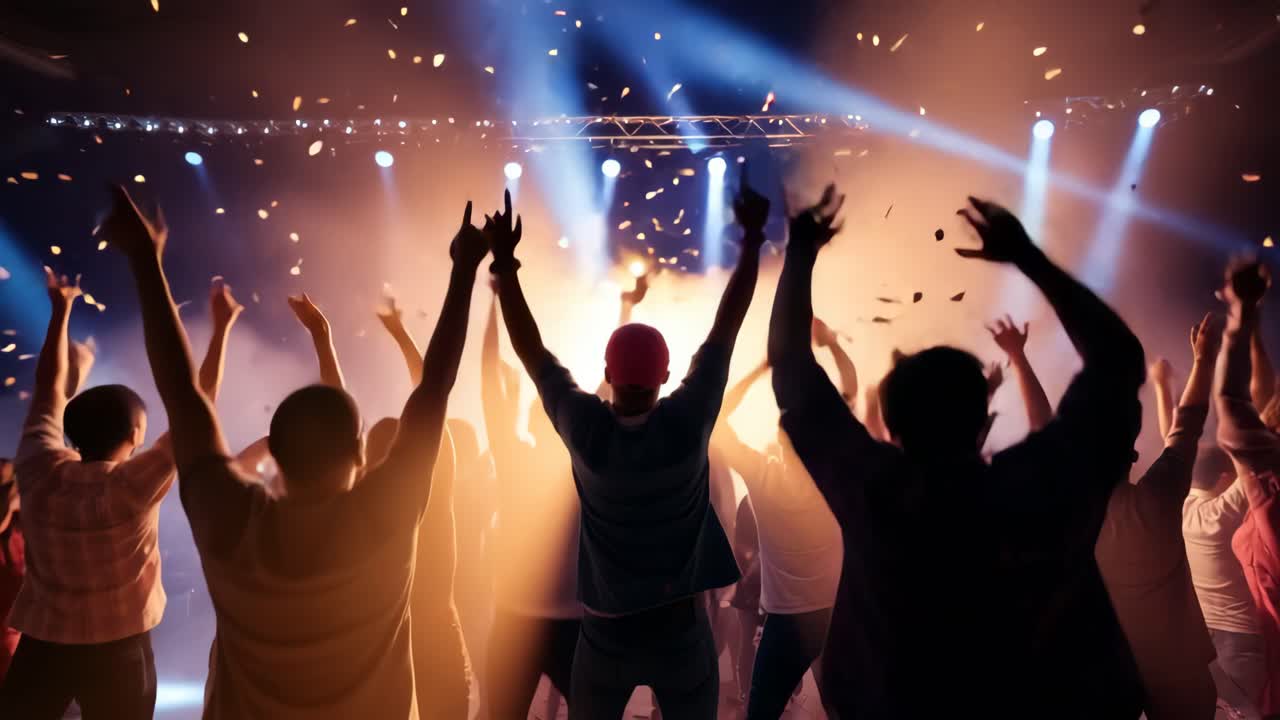 Silhouetted crowd celebrating at a concert, confetti falling