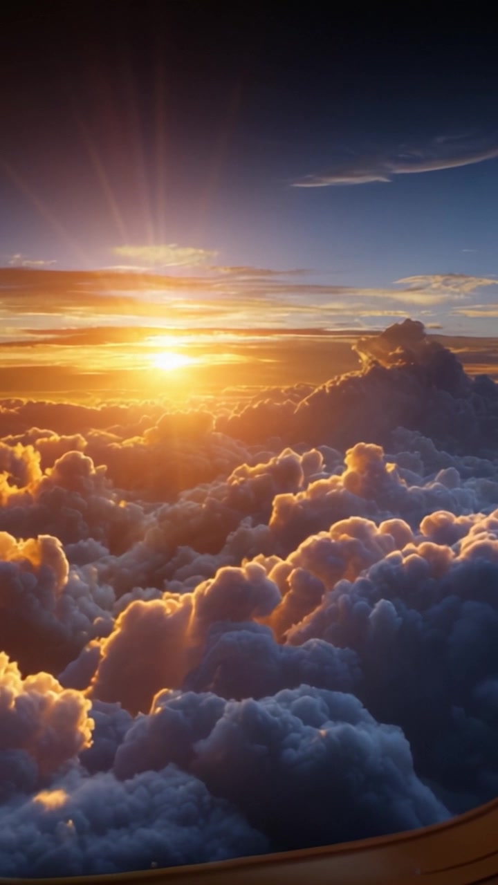 Tramonto mozzafiato sopra nuvole soffici catturato dal finestrino di un aereo, con la luce solare radiosa che illumina il cielo in uno spettacolare sfoggio di bellezza naturale.
