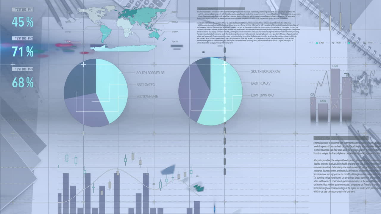 animación del procesamiento de datos financieros en papel y artículos en el escritorio