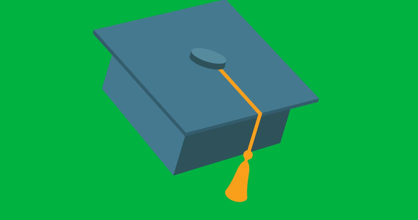 Animazione digitale di icona di cappello da laurea su sfondo nero.