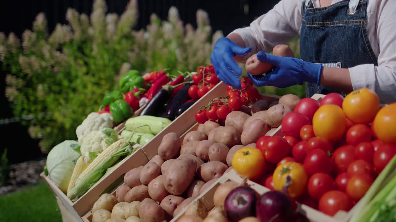 Farmer's gloved hands laying out vegetables on the farmer's market counter