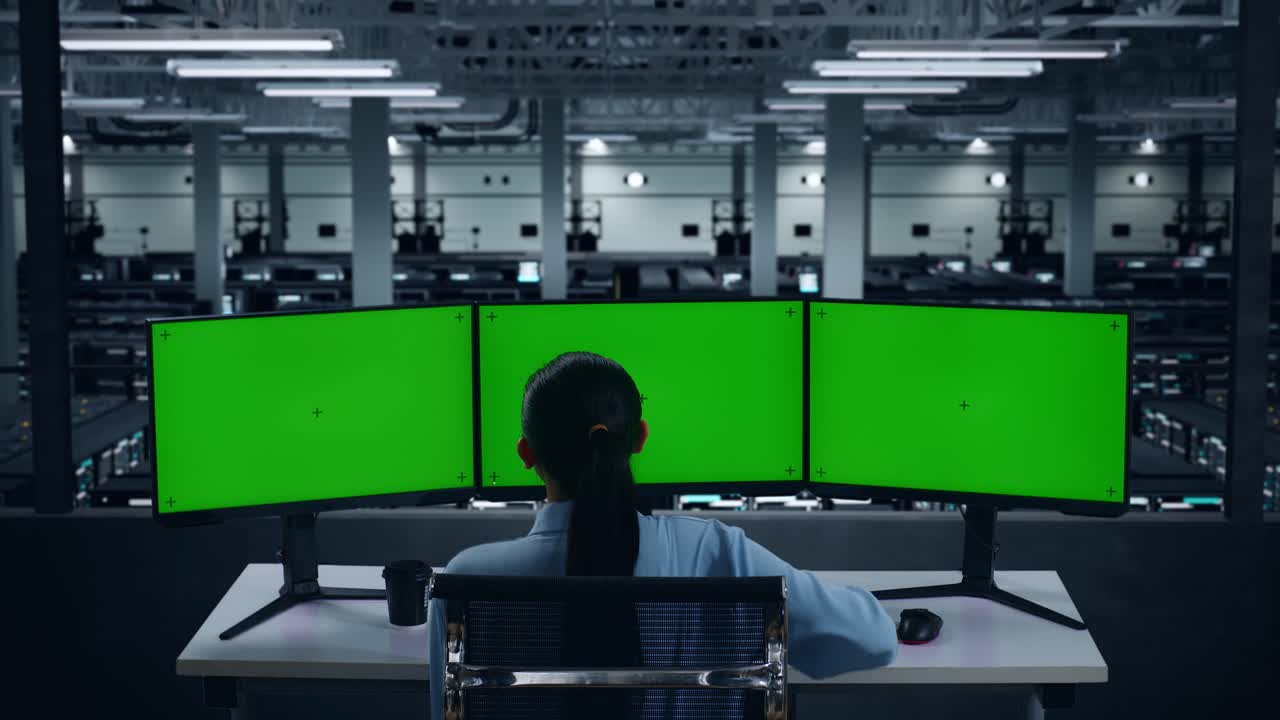 데이터 센터에서 여러 컴퓨터 모니터를 모의로 작업하는 동안 허리 통증이 있는 아시아 여성의 뒷면