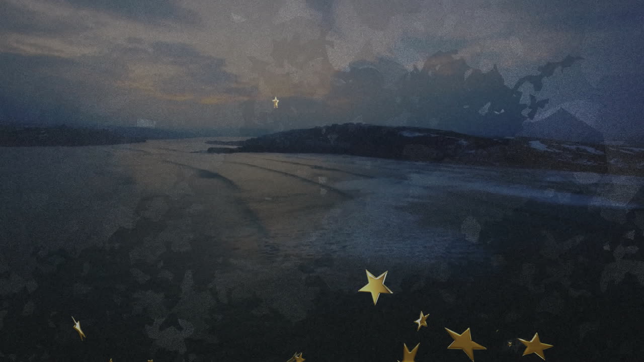 Starry animation overlay creating dreamy atmosphere over scenic river landscape