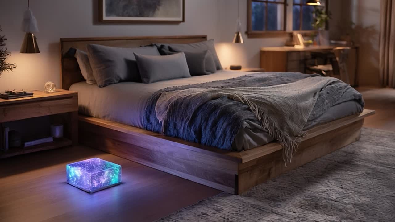 Dormitorio moderno y acogedor con iluminación ambiental y una decoración elegante por la noche