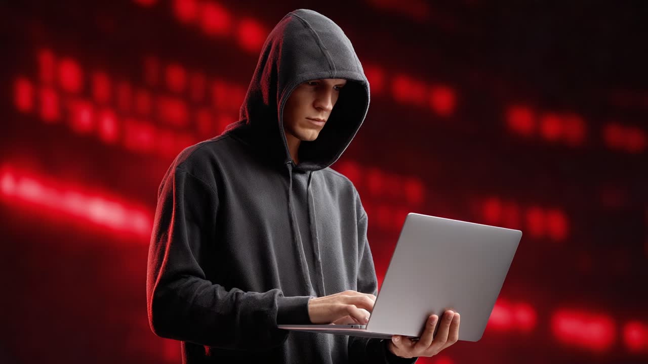 A Mysterious Figure in a Hoodie Seemingly Engaged in High-Tech Activities with a Laptop, Surrounded by an Intriguing Background of Red Digital Codes and Patterns