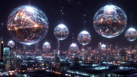 futuristic city at night with glowing disco balls