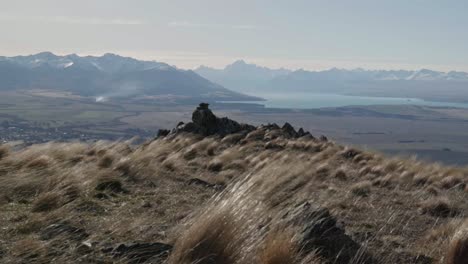 strong winds whipping dry tussock grass on mountain top