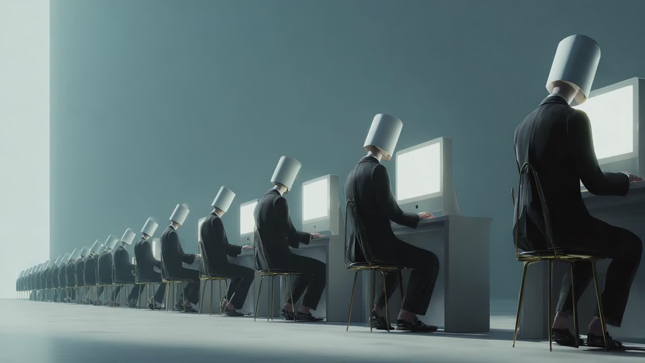 A surreal assembly of individuals in suits seated at computers, each adorned with a bucket on their head, creating a striking commentary on conformity and digital engagement