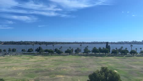 Dead-grass-from-summer-in-Langley-Park,-Riverside-Drive,-Perth,-Western-Australia-with-vast-blue-sky-above-and-palm-trees