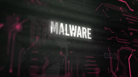 Animación-De-Texto-De-Malware-Sobre-El-Mundo-Y-Procesamiento-De-Datos-En-La-Pantalla-De-Interfaz-Negra