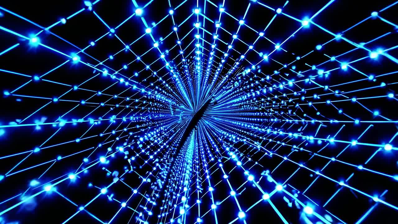 Dynamic video concept of a tunnel of blue LED lights, captured from a low-angle perspective