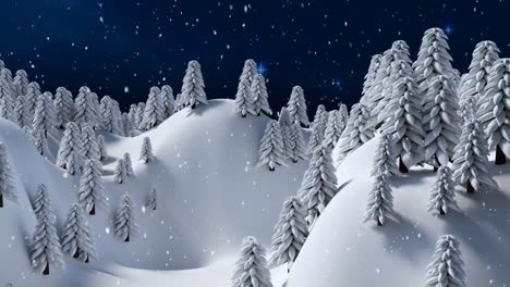 Animación-Digital-De-Nieve-Cayendo-Sobre-El-Paisaje-Invernal-Contra-Las-Estrellas-Que-Brillan-En-El-Cielo-Nocturno