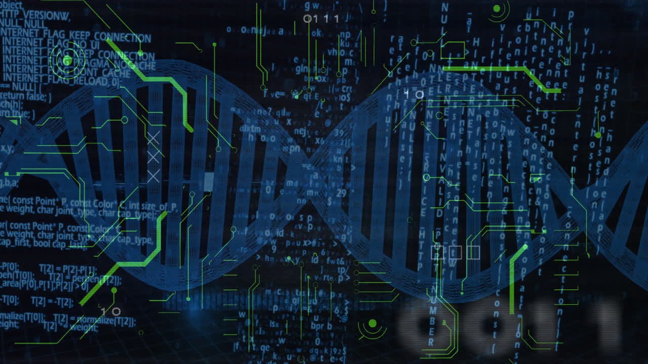 Processing scientific data, DNA strand and binary coding in animation