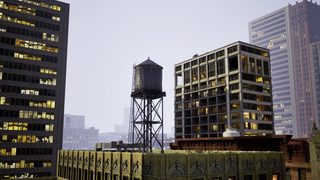 Urban skyline in evening light with water tower and high rise buildings