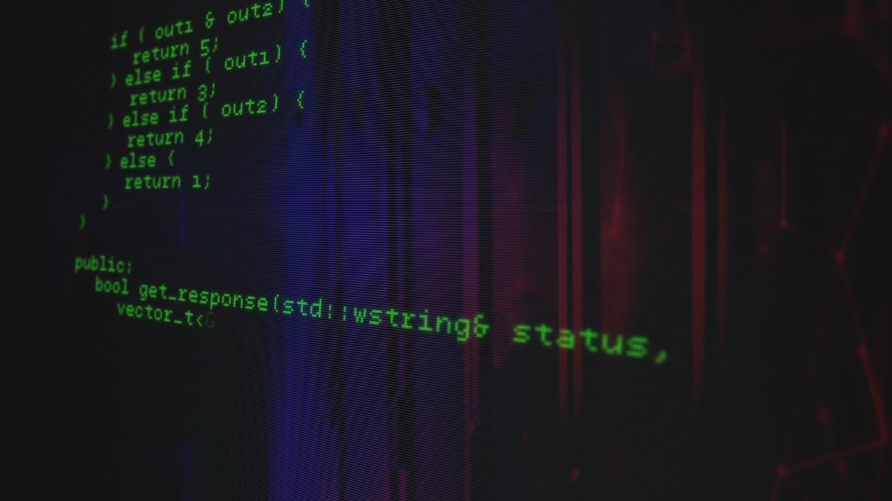 Startup-triggered code scrolling revealing C++ calls and geometry functions for response handling