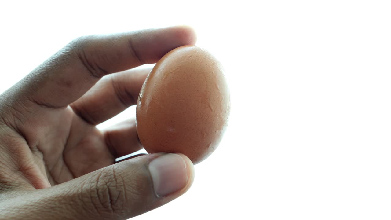 Hand holding egg isolated on white
