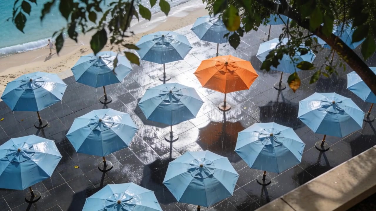 Mostrando una griglia di ombrelloni su una terrazza con luce solare che cambia, tettoia arancione, due adulti che camminano in abbigliamento da spiaggia.