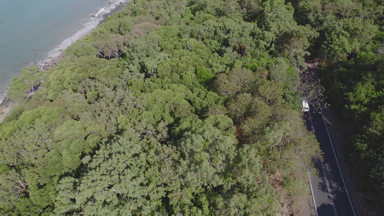 경계선 해변 근처의 푸른 나무를 통과하는 캡틴 쿡 고속도로