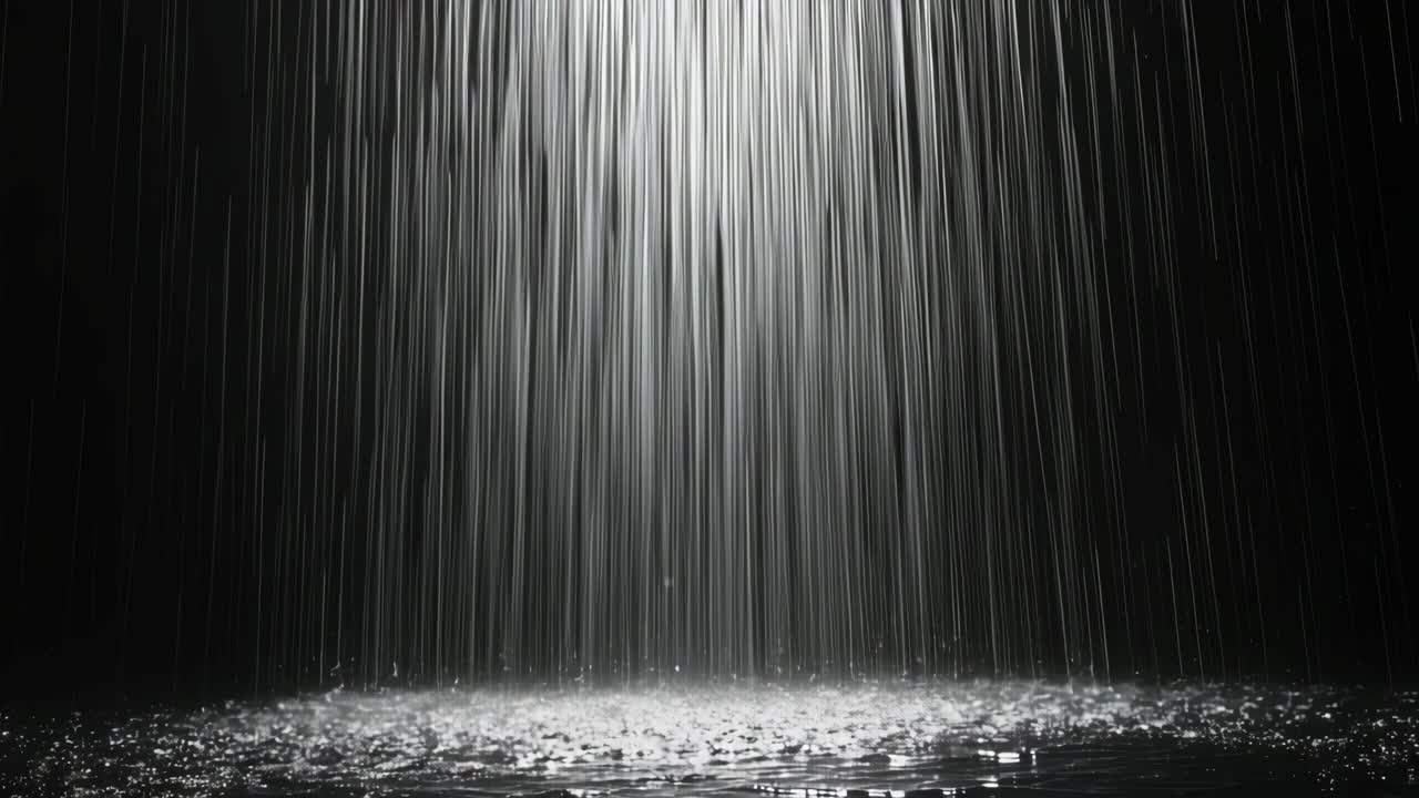 Dramatic video still of rain falling from above, captured in black and white