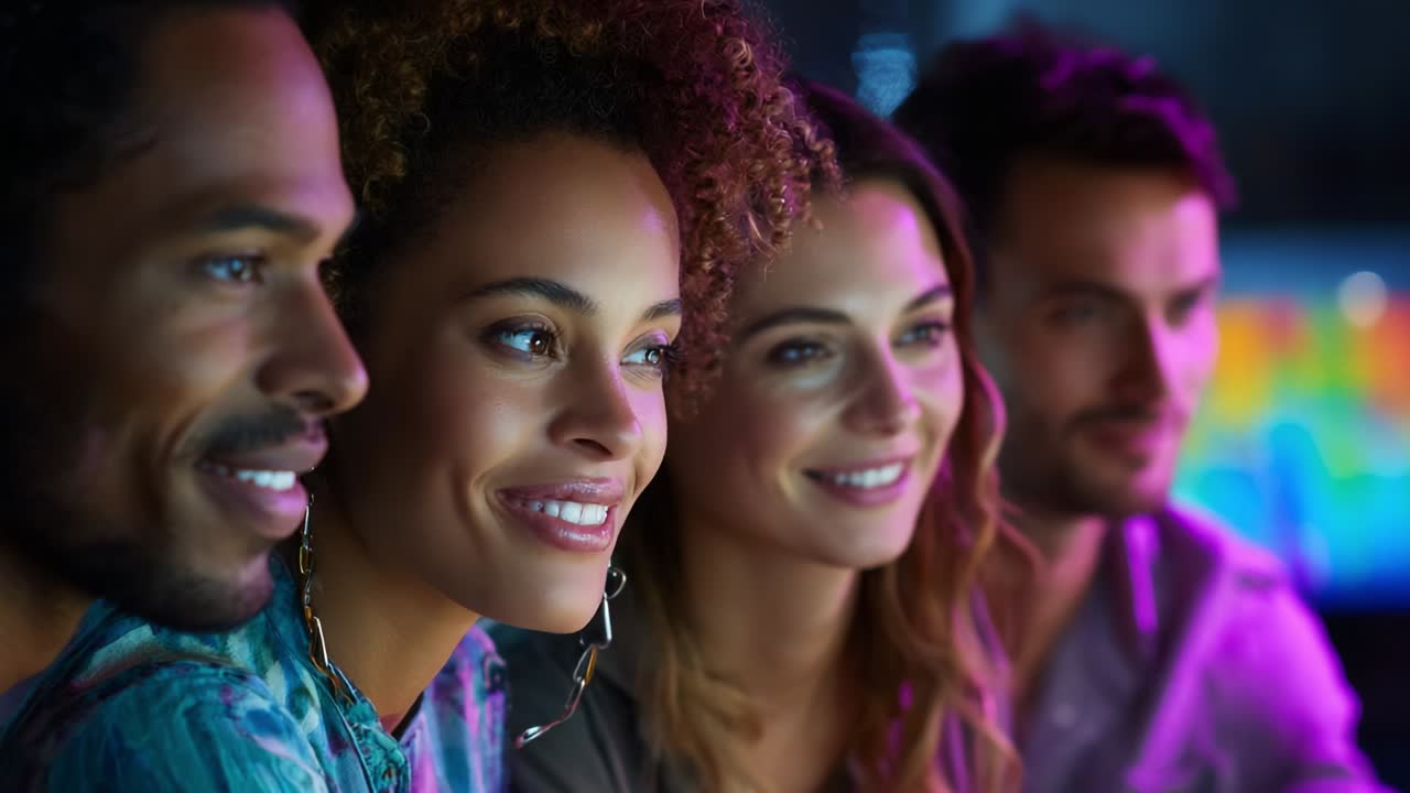 Four friends enjoy an engaging moment together at a colorful gathering, smiling and sharing in an atmosphere filled with laughter and camaraderie as they experience the thrill of togetherness