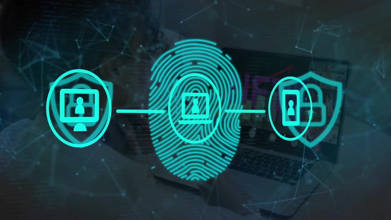 User typing NFT technology initiating pulsing icon chain authenticating via fingerprint shield