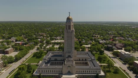 drone flies away from nebraska state capitol building