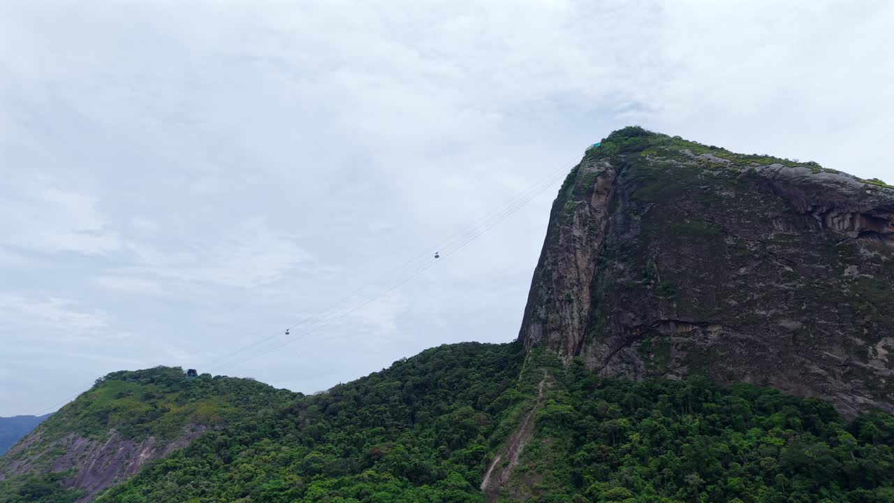 El Pan de Azúcar se eleva sobre exuberantes colinas en Río de Janeiro, Brasil; teleférico transporta personas a la cima, toma aérea de establecimiento.