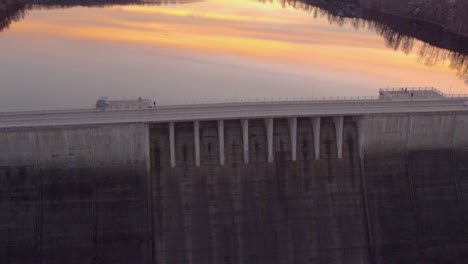 rappbode dam footbridge on sunset in the harz region, germany