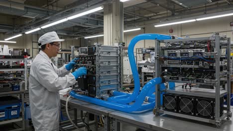 a skilled technician assembles advanced equipment in a modern laboratory, focusing on precision and quality control processes for optimal performance